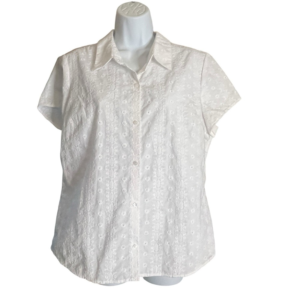 Villager Liz Claiborne Top‎ Sz 14 Button-Up Collared Eyelet Embroidered White